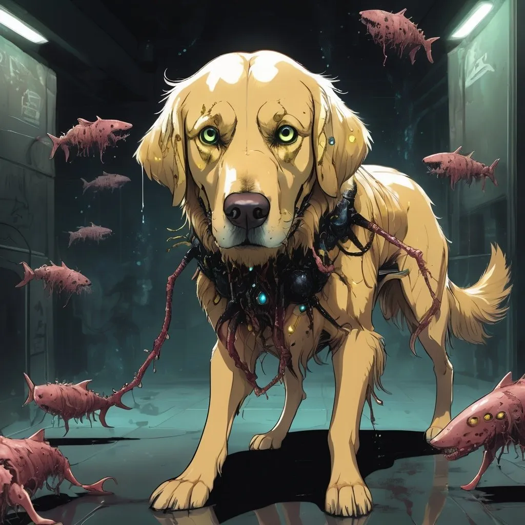 Prompt: Anime-inspired horror illustration of a cybernetic golden retriever with a mask, dripping with slime, covered in insect exoskeleton and fungus pores, with shark teeth, centipede body, and 16 legs, crawling on the floor, intense and frightening gaze, noir style, dark and eerie lighting, highres, ultra-detailed, horror, anime, cybernetic, golden retriever, exoskeleton, slime, fungus, shark teeth, centipede body, 16 legs, creepy, noir, intense