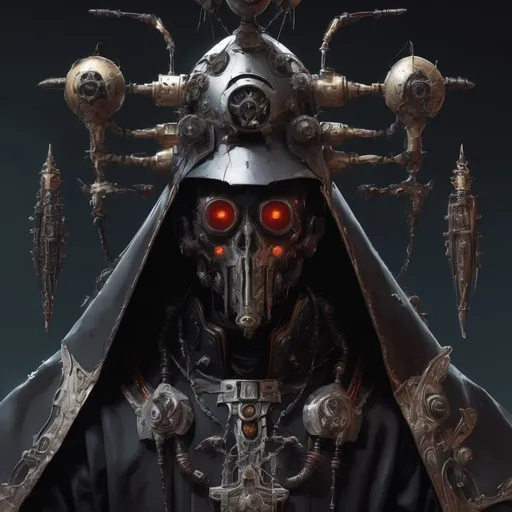 Prompt: **"`masterwork costume design by Erin Hanson of a cybernetic pope with mask, tall pope-hat, grimdark-style warhammer40k movie,insect exoskeleton, slime fungus pores, noir-inspired horror,"`** -