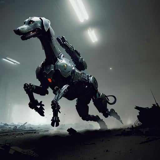 Prompt: `artist vhs style influence, intricate artwork detail, mech warrior, agile movement dynamics, fantasy dystopian setting, dog sighthound portrayal, dramatic scene composition, imposing mech suit design, chilling atmosphere lighting, shadowy silhouettes contrast, a sleek sighthound dog embodying both grace and ferocity as it navigates through the debris-littered environment`