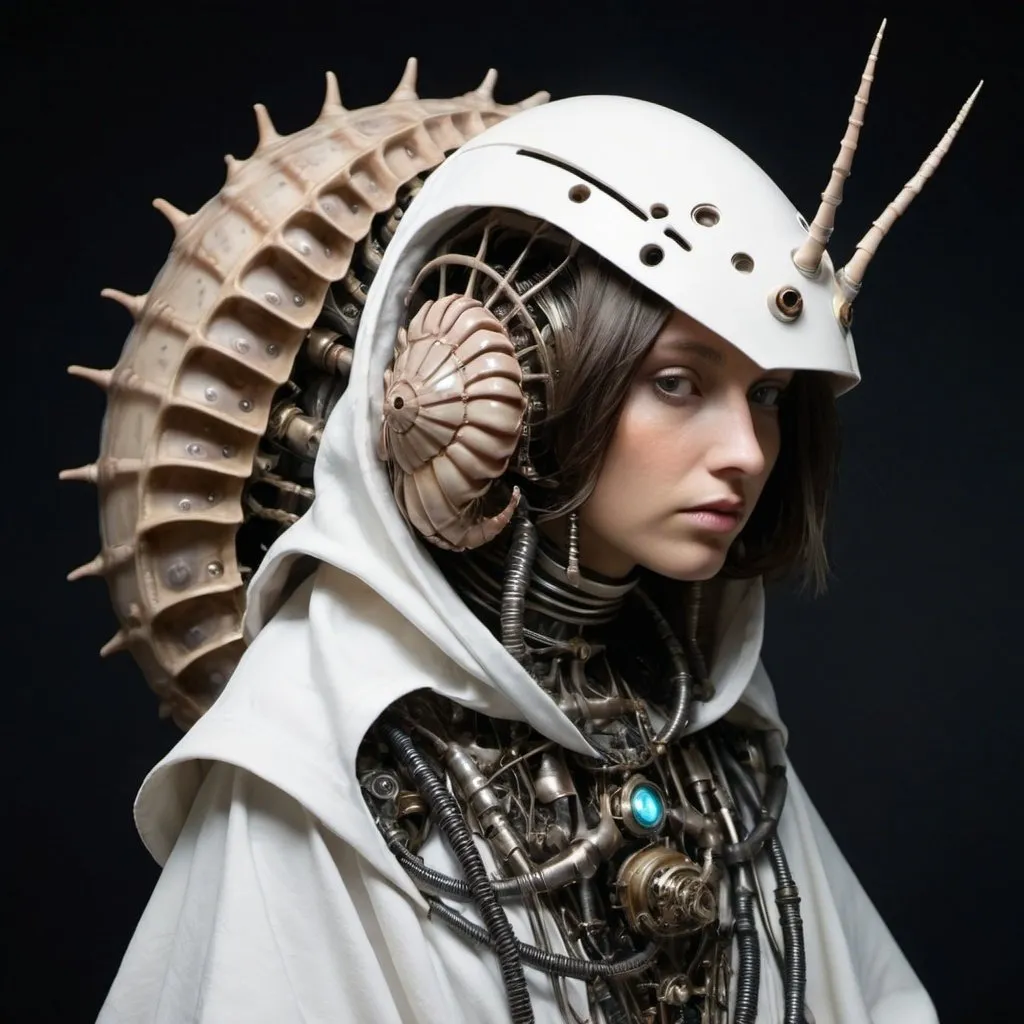 Prompt: "Priestess of an intergalactic isopod-godess, mechanical hooded isopod-robes,"