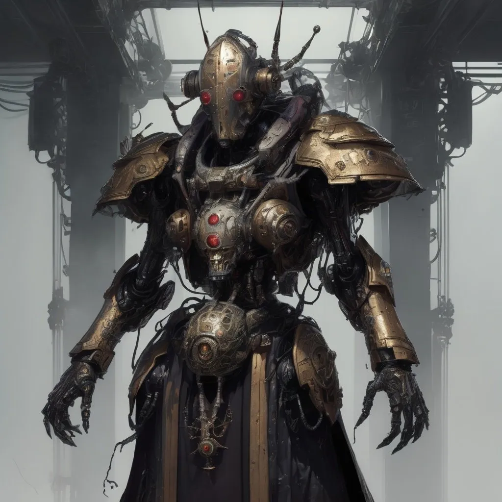 Prompt: Masterwork costume design by Erin Hanson of a cybernetic pope with mask, tall pope-hat, grimdark-style warhammer40k movie, insect exoskeleton, slime fungus pores, noir-inspired horror, highres, ultra-detailed, grimdark, cybernetic, insect exoskeleton, detailed exoskeleton, cyberpunk, horror, atmospheric lighting, intricate design, professional, intense shadows