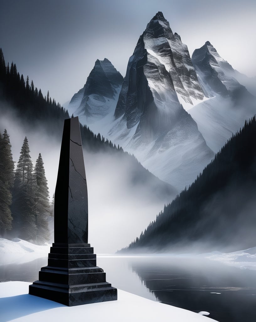 Prompt: ```In the heart of a pristine snow-covered mountain landscape, a stunning shiny black stone stands tall within its rectangular stand. Reflecting the cold, misty surroundings, the stone exudes an aura of timeless warmth and resilience. The background reveals a majestic, frosty expanse, with a sense of serenity and wonder. This captivating scene serves as a silent guardian, inspiring awe and admiration from all who behold it.```