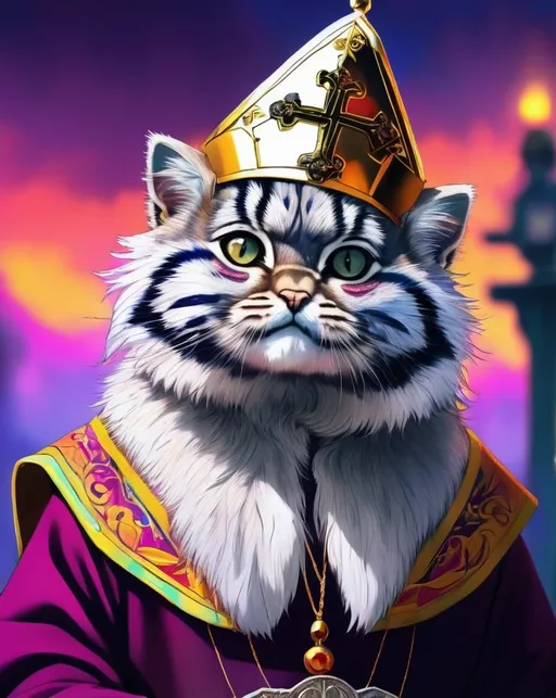 Prompt: Anime-inspired photo of a Pallas cat wearing a pope hat, vibrant colors, detailed fur with anime-style shading, mystical fantasy setting, ethereal lighting, high quality, RPG game-style, detailed eyes, regal pope hat, mystical, vibrant colors, fantasy, anime, detailed fur, ethereal lighting