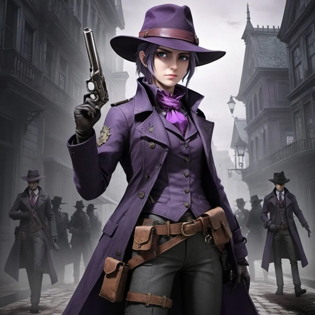 Prompt: **Bloodborne style lightweight hunter uniform, carrying a Amethyst Revolver in a holster, with a glare at the camera, women detectives on the streets, holding a wanted poster of Pepe Silvia, anime-inspired, lead by Hunter, Twilight Sparkle