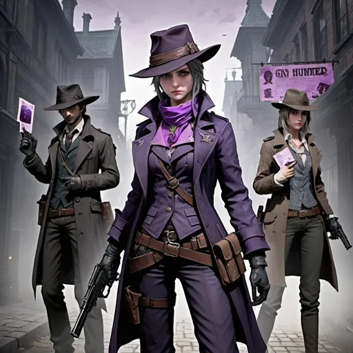 Prompt: Bloodborne style lightweight hunter uniform, carrying a Amethyst Revolver in a holster, with a glare at the camera, women detectives on the streets, holding a wanted poster of Pepe Silvia, anime-inspired, lead by Hunter, Twilight Sparkle 