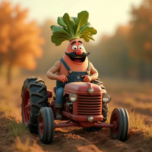 Prompt: "Hyperrealistic, whimsical, anthropomorphic vegetables, Pixar style, 3D render, detailed textures, vibrant colors, soft lighting, cinematic, Unreal Engine 5, 8K resolution""Turnip farmer, jovial expression, handlebar mustache, overalls, driving a vintage tractor, muddy tires, autumn background, golden hour lighting