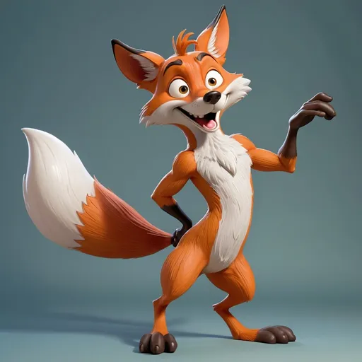 Prompt: Cartoon, fox, goofy bulbous eyes, leaning to the side, standing on one foot, full body, very detailed, silly, playful! One wing pointing up as if going voila 