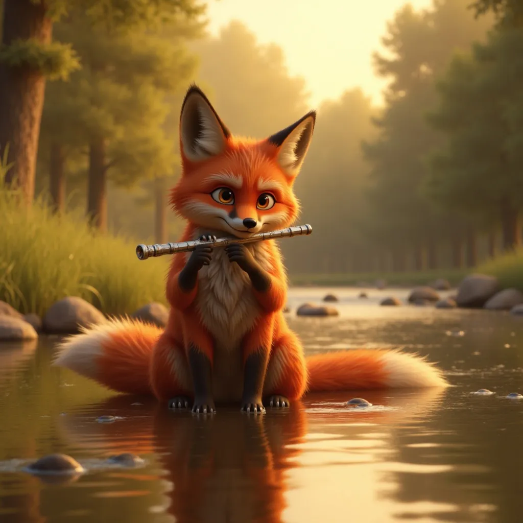 Prompt: @N9gMWVTAJ95gXLYx7YAH Playing a flute, serene riverside, lush greenery surrounding, gentle rippling water, warm golden sunlight filtering through the trees, tranquil atmosphere, a reflection of the musician on the surface, exquisite focus on finger placement, serene expression, conveying emotion through music, ultra-detailed, high definition, inviting nature scene.