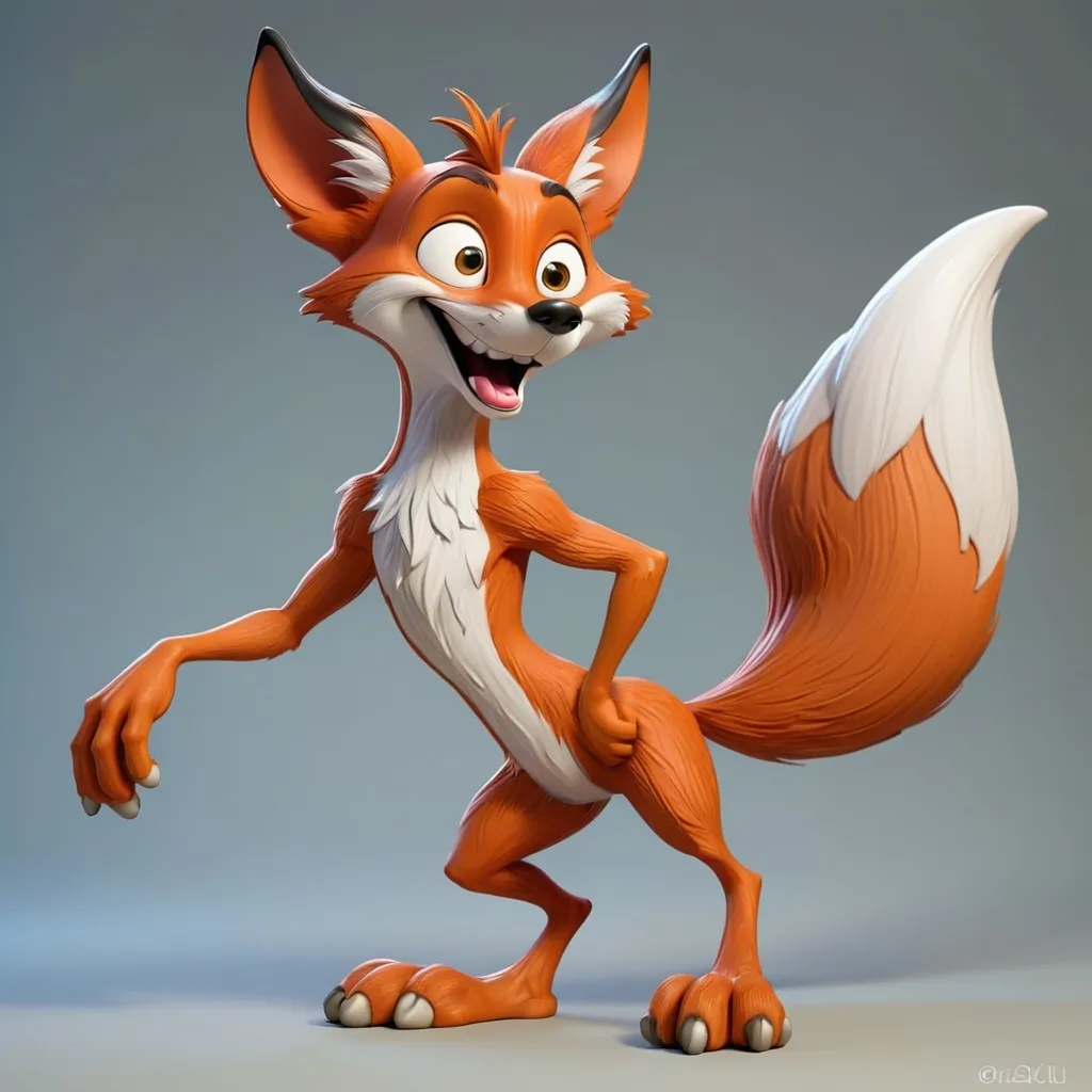 Prompt: Cartoon, fox, goofy bulbous eyes, leaning to the side, standing on one foot, full body, very detailed, silly, playful! One wing pointing up as if going voila 