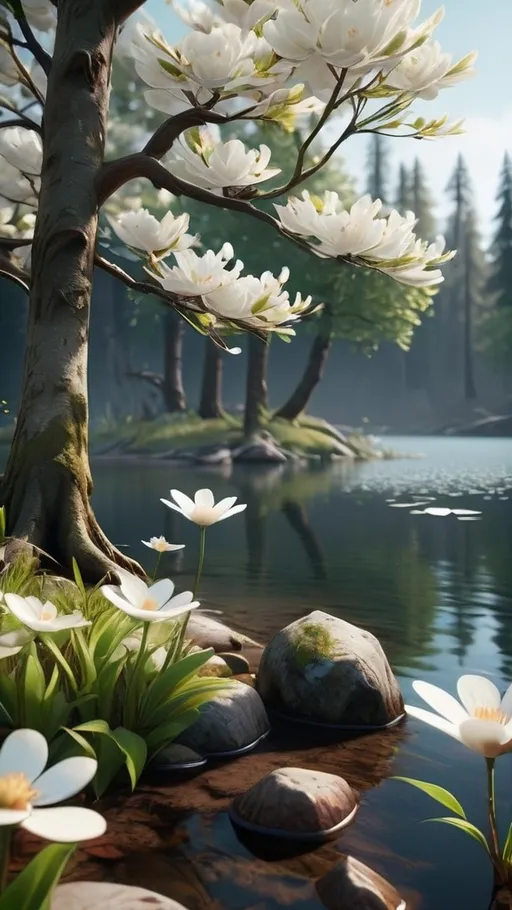 Prompt: a mysterious forest next to a lake, high quality, unreal engine,  with white flower tree