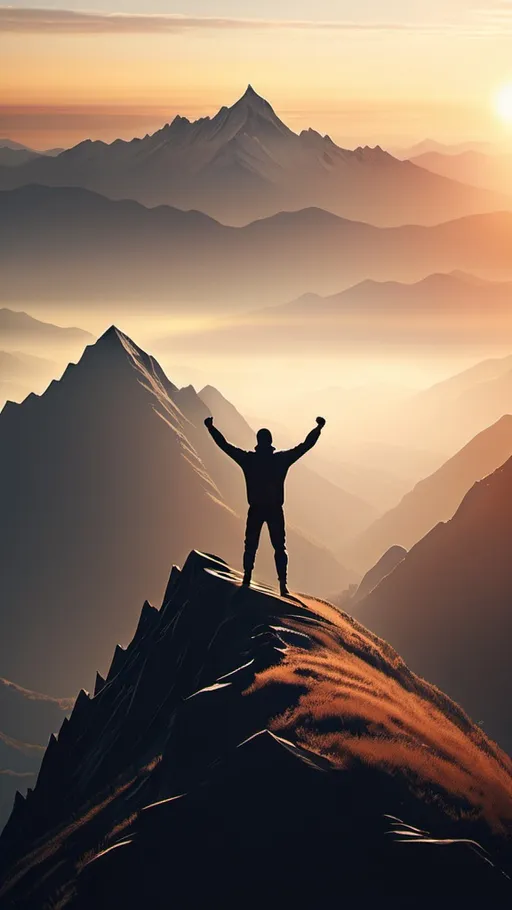 Prompt: A person standing triumphantly atop a mountain peak at sunrise, symbolizing achievement and new beginnings