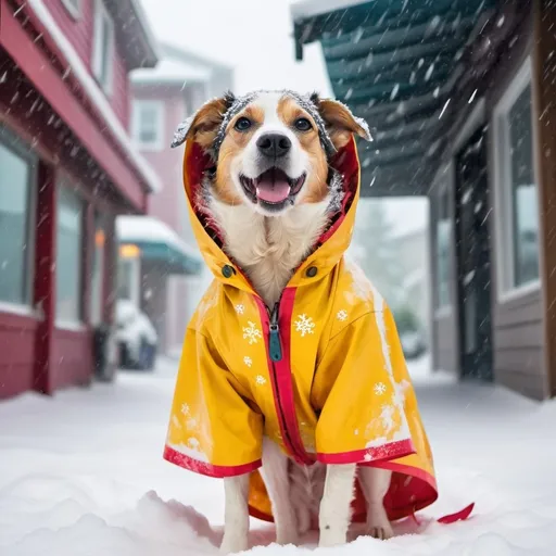 Prompt: A dog wearing a rain coat during a snow storm.
