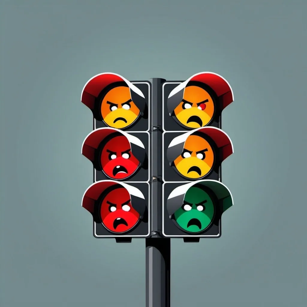 Prompt: traffic light flat vector illustration with the red light as angry face emoji