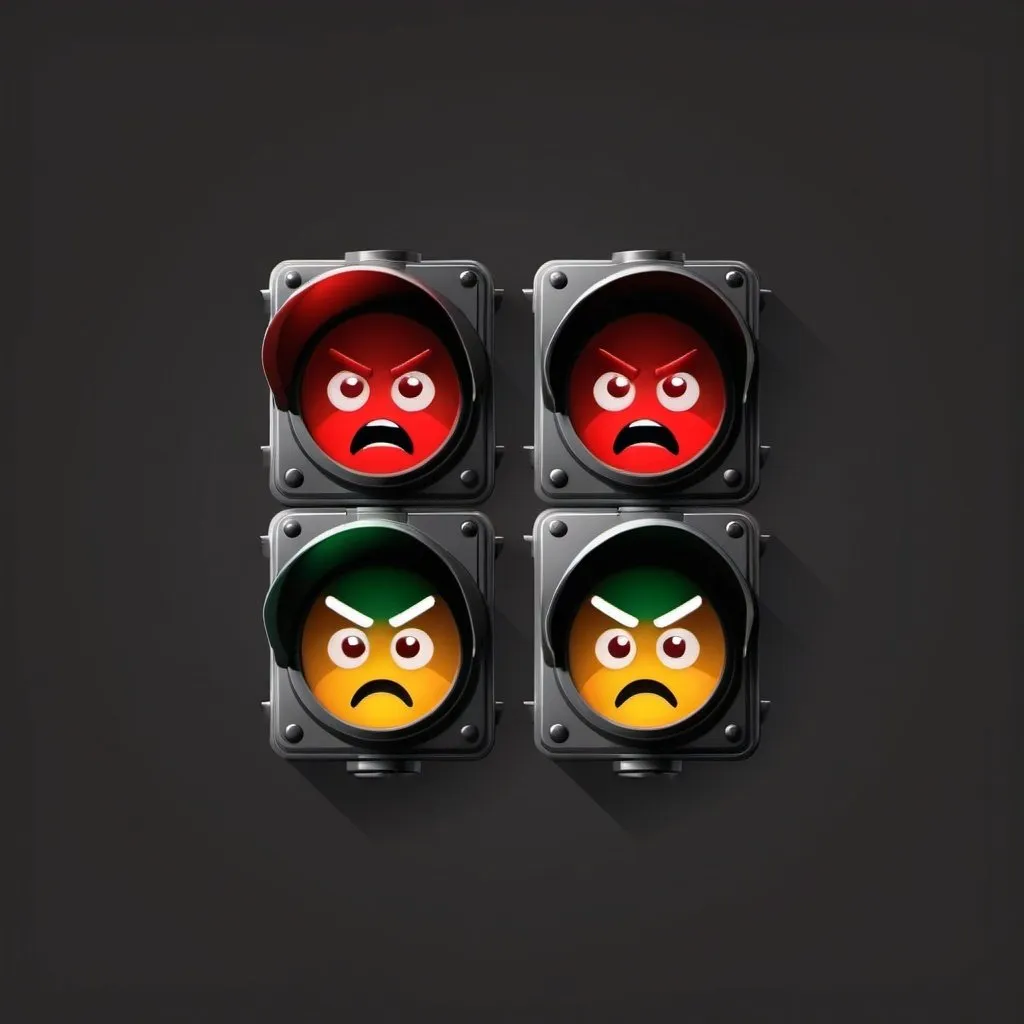 Prompt: traffic light flat icon with the red light as angry face emoji