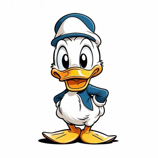 Prompt: Happy Donald duck in low detail cartoon drawing style on white background 