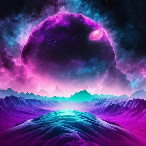 Prompt: Purple, blue, and pink galaxy landscape with a skeleton in the foreground