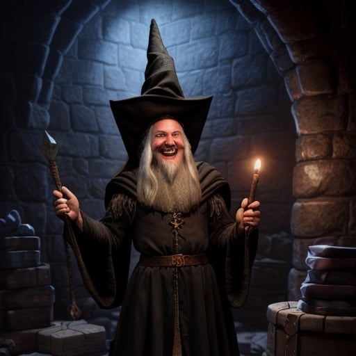 Prompt: A wizard in a dungeon looking gleeful.