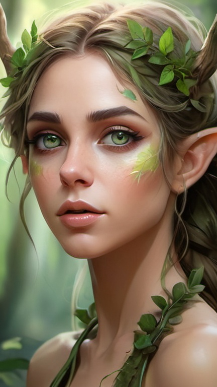 Prompt: A zoomed out portrait of a beautiful dryad, digital painting, trending on ArtStation, illustrated style, anime style, deviantart, Portrait of a fantasy nymph, stunning, concept art, pretty face, realistic shaded Perfect face, fine details, artstation, forest, elf ears, glassy eyes