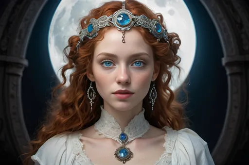 Prompt: Insanely detailed Portrait photograph of beautiful woman in white, she has curly redhead hair and a dirt-smeared ultra detailed face, lacy white clothes, symmetrical blue eyes, silver circlet, cleavage, soft face, deep colors, full moon lighting glow background, shadows, Breathtaking Fantasycore Artwork By Android Jones, Jean Baptiste Monge, Alberto Seveso, Erin Hanson, Jeremy Mann. Intricate Photography, A Masterpiece, 8k Resolution Artstation, Unreal Engine 5, Cgsociety, Octane Photograph, sharp focus