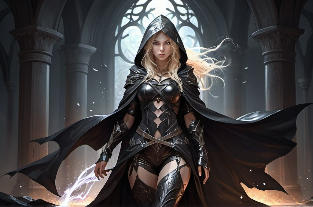 Prompt: Anime Splash art, full body, dark fantasy atmosphere, beautiful elven woman, warlock fantasy, celestial magic, medieval,wild flow blond hair, black leather armor, hooded cloak, high contrast, by wlop