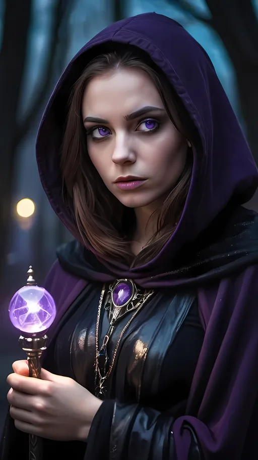 Prompt: A Portrait, a beautiful young European woman with piercing purple eyes, runny makeup and a worried look on her face, wearing a dark cloak and a cowl that mostly covers her features, holds a magic staff in her right hand, the staff has a shining jewel on top of it. Portrait waist down. At night. Sinister cosmic lights in the background. Highly detailed.