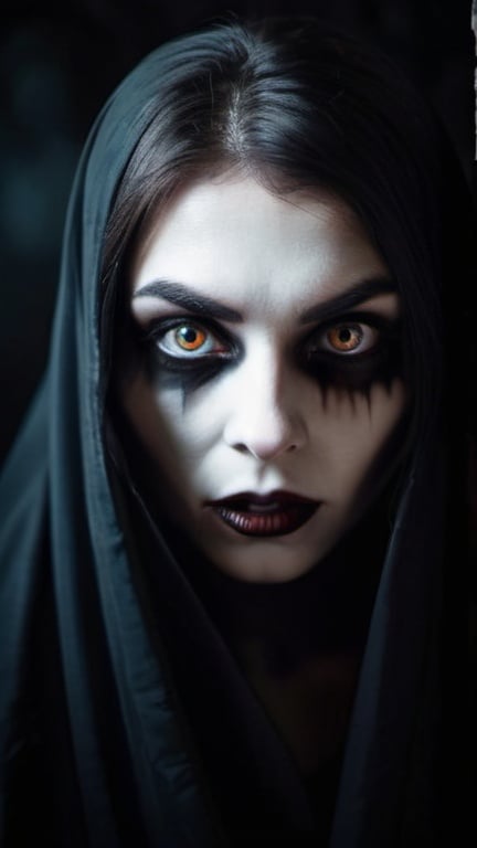 Prompt: Scary creepy ghost with beautiful eyes, dark shadows around eyes, vampire teeth, dark and moody background