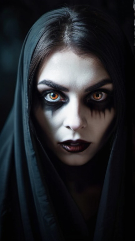 Prompt: Scary creepy ghost with beautiful eyes, dark shadows around eyes, vampire teeth, dark and moody background