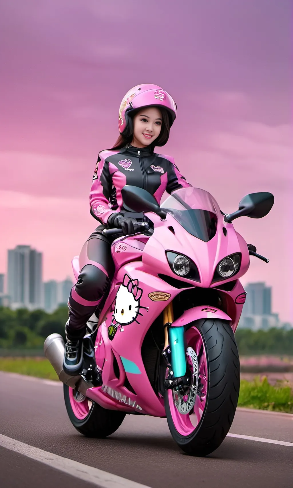 Prompt: Draw a female in full body bike costume full head cover with racing on helmet  on pink kawasaki bike hello kitty design and neon tyre in dark theme 