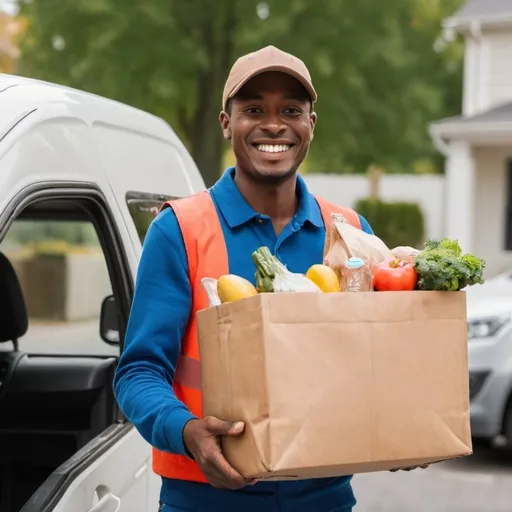 Prompt: delivery driver smiling while delivering groceries to a customer