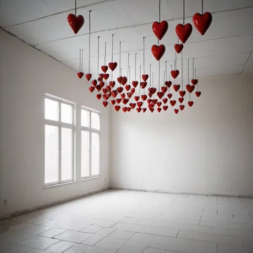 Prompt: several ceramic hearts hanged by invisible wire from the roof into the empty room
