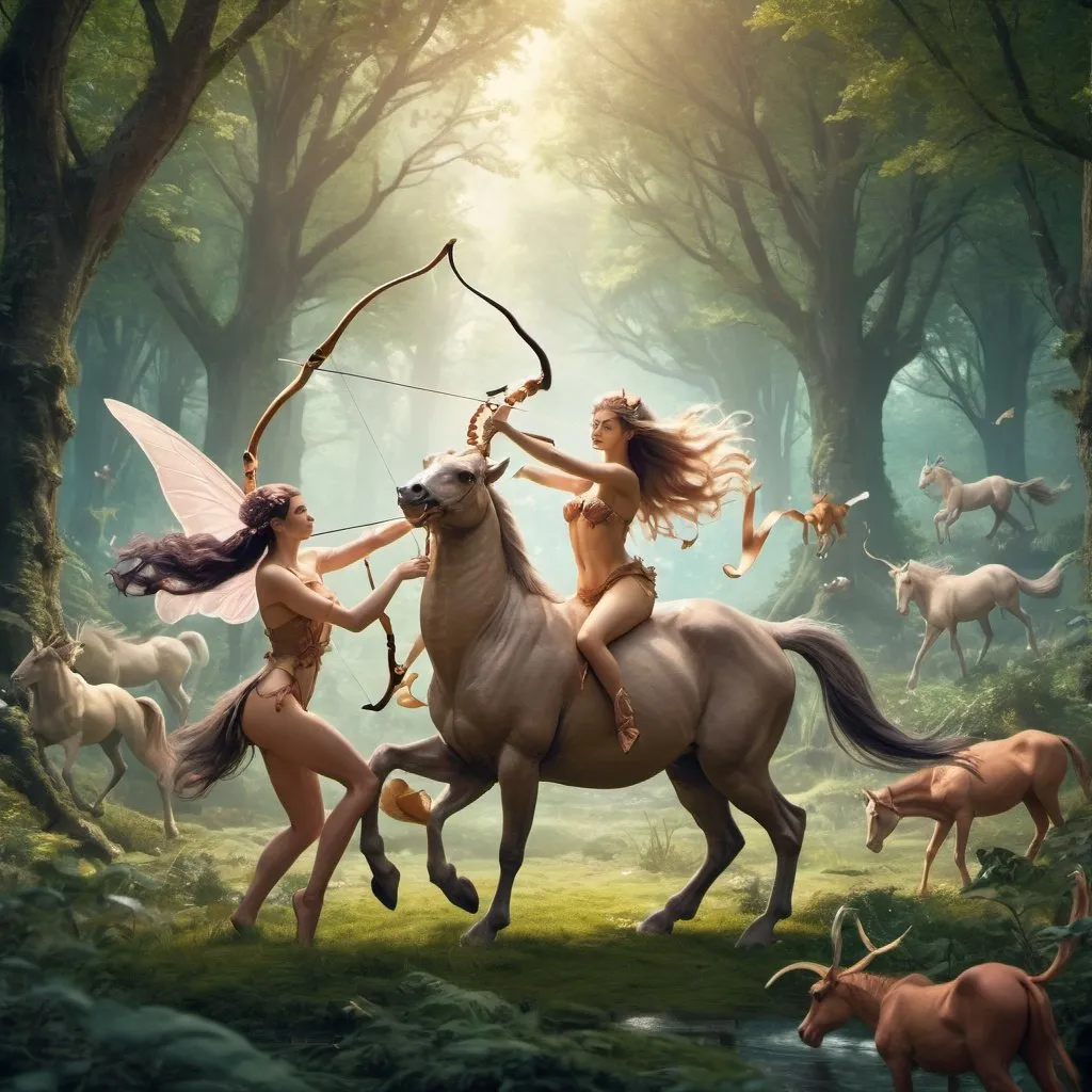 Prompt: A male centaur with a bow on his back and a female ichthyocentaur romantically together in a magical forest clearing with pixies and fairyes flying around them