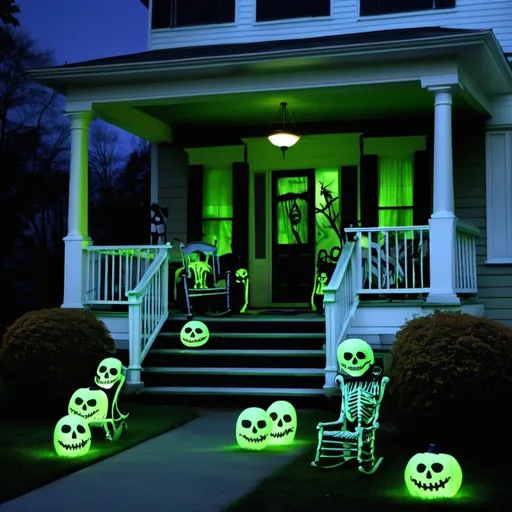 Prompt: Eerie Halloween porch and lawn spooky decorations with green up lighting add skeletons in rocking chairs