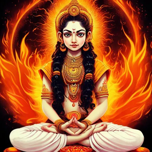 Prompt: Young Hindu girl seated in lotus position, plain white background, fiery red hair representing fire, RPG art, 2D art, well-drawn face, detailed, vibrant colors, traditional attire, mystical atmosphere, highres, detailed, RPG, vibrant colors, 2D art, traditional, mystical, detailed face, fiery hair