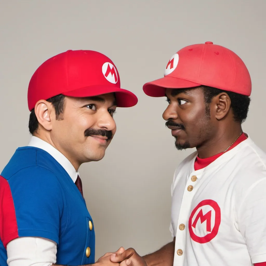 Prompt: kappu and mario dapping each other up