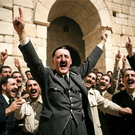 Prompt: Hitler gassing the jews up for their show at jerusalem, they are very happy and hitler is cheering for them