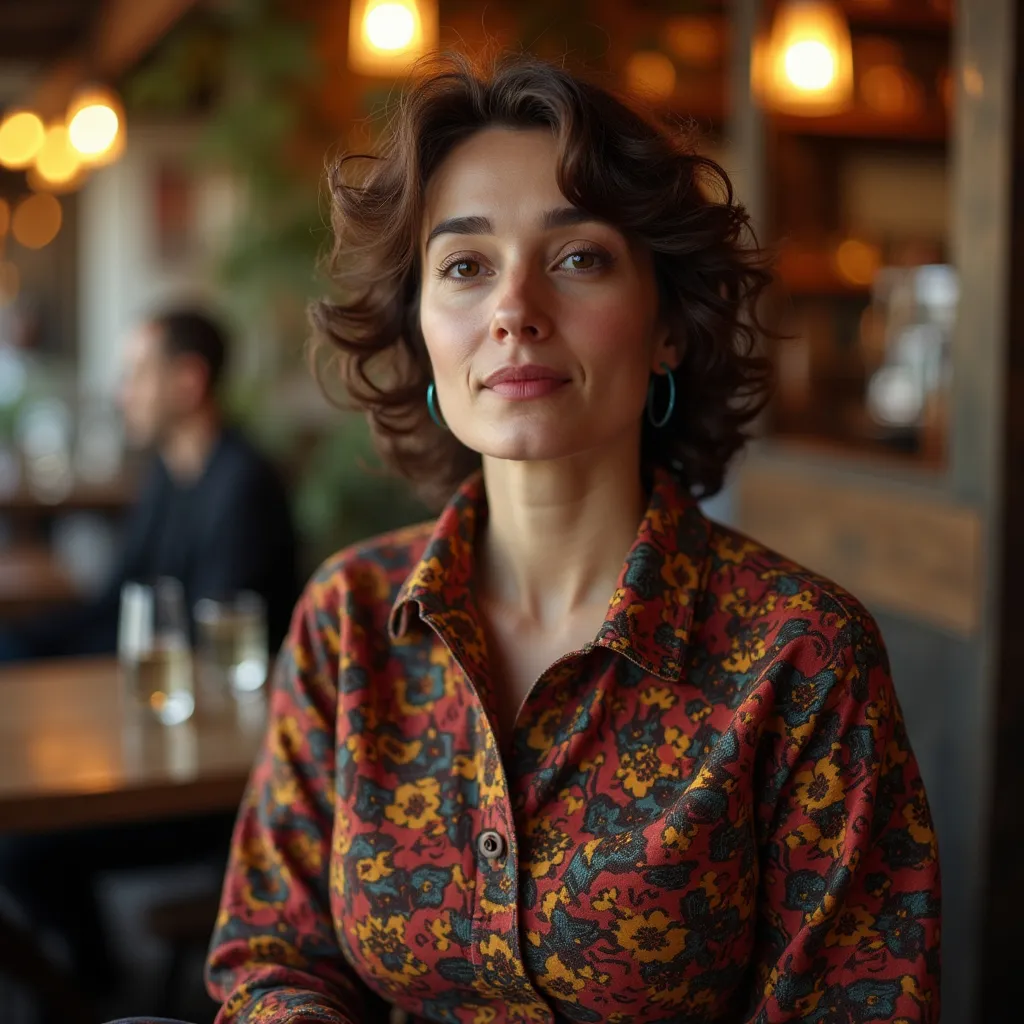 Prompt: Intellectual, Jewish woman dressed in the 70's clothes in a caffe in Lisabon 