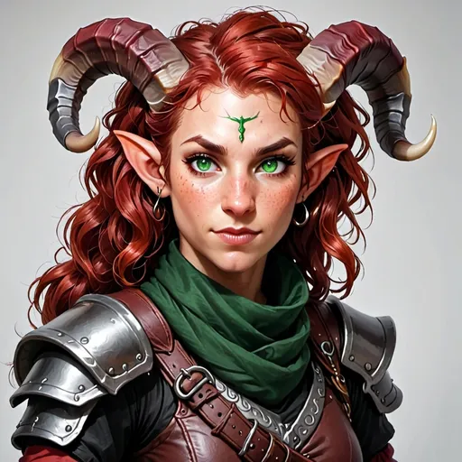 Prompt: Create a female redheaded tiefling rogue with green eyes and long curly hair, styled in a half braid. On her head she has a pair of ram's horns. Herskin should be a very light reddish color, as if she had white skin but had tanned a little. On her face she has freckles that run from each side of her cheekbones. She is wearing a black rogue armor and has a red scarf wrapped around her neck.