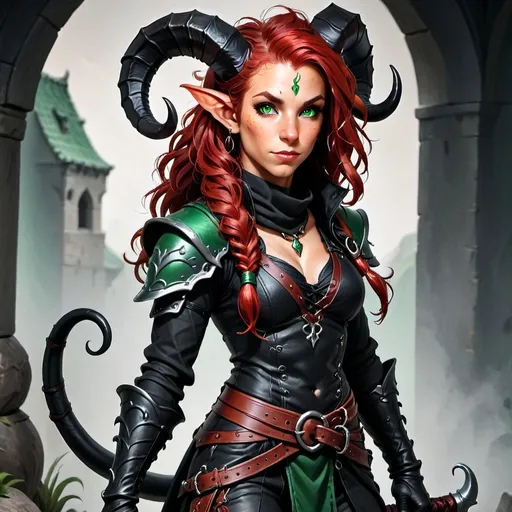 Prompt: Create a full body of female redheaded tiefling rogue with green eyes and long curly hair, styled in a half braid. She has a pair of black ram's horns and a long black tail. She has freckles. She is wearing a black rogue armor and she has a reddish scarf around her neck. She has no facial tattoos.