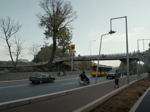 Prompt: Bran Stark in a wheelchair crossing a pedestrian bridge above an 18-lane highway going to the BRT station below, a tram approaching the station, people rushing to get aboard the BRT.
