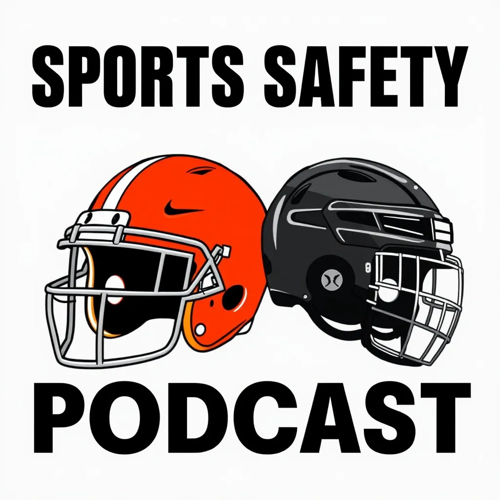 Prompt: "Sports Safety" Podcast logo with a football helmet and a hockey helmet next to each other.