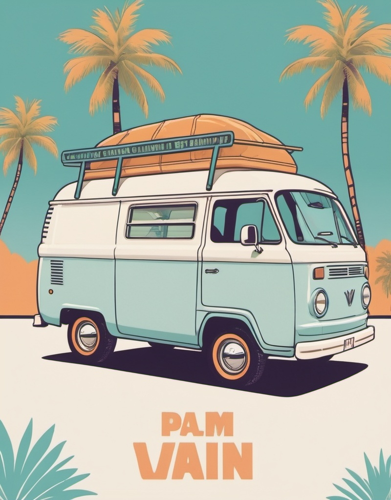 Prompt: Illustrated T-shirt design of flat vintage van with palm trees, vector, solid white background, simple color palette