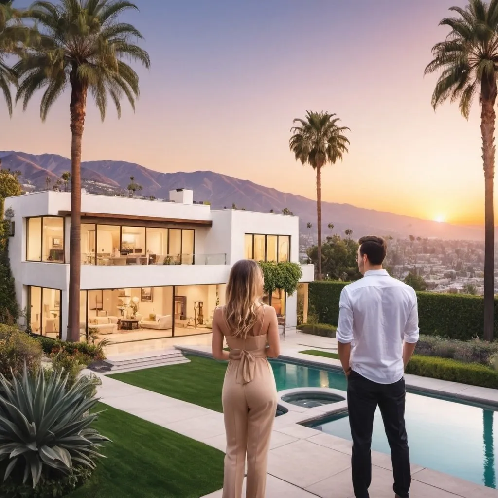 Prompt: create an image to be used for an instagram post. Illustrate potential foreign international home buyers looking at real estate in Los Angeles, California. Illustrate how attractive Los Angeles, California real estate is to foreign interational home buyers. Highlight the luxurious LA lifestyle, the sunshine and ambience 


