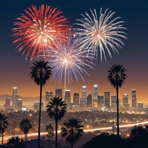 Prompt: create a visual image to celebrate the 4th of July holiday. Create an image that shows the famous city of Los Angeles at night. Highlight the city lights, the LA lifestyle, palm trees and the West Coast vibes. Have fireworks going off in the sky. With the USA flag somewhere in the image