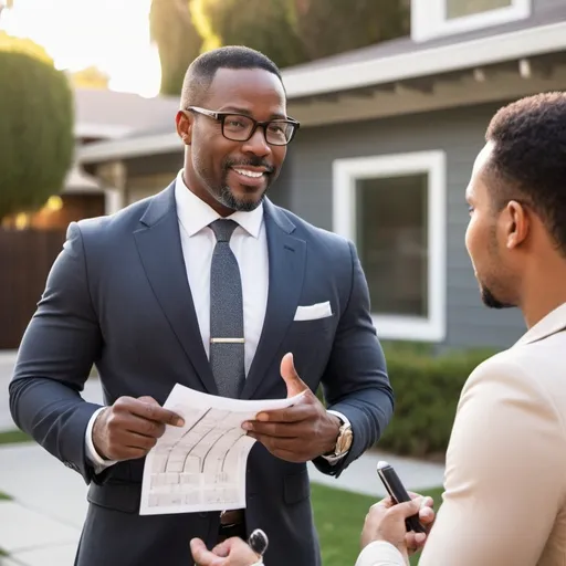 Prompt: a handsome, stylish, classy 47-year-old, black male real estate agent is explaining new real estate industry updates to a buyer client in Los Angeles, California