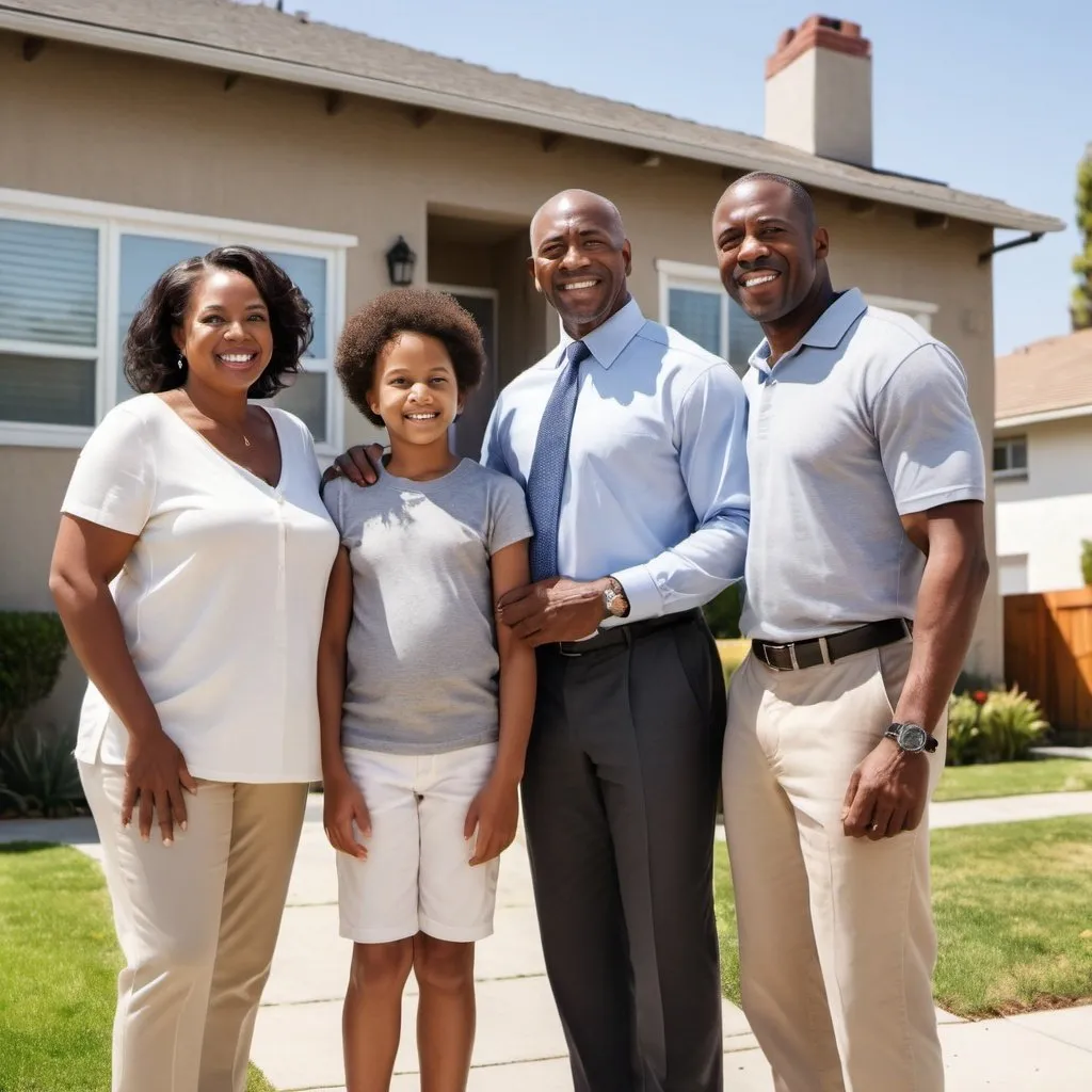 Prompt: create an image of a multi generational african american family dad, mom, kid, grandparent in Los Angeles, California speaking with their 47 year old  African American male realtor in front of a duplex