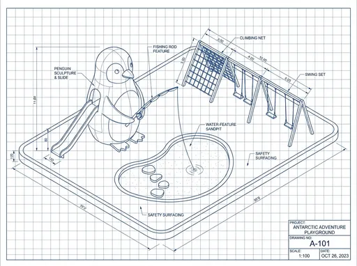 Prompt: A professional isometric CAD technical drawing of a themed children's playground. The centerpiece is a large, stylized penguin sculpture holding a fishing rod. The fishing line extends to a water-feature sandpit. The playground includes a slide integrated into the penguin's side, a climbing net, and swing sets. Clean blue and white color palette, technical blueprints style with precise lines, grid background, and architectural annotations.