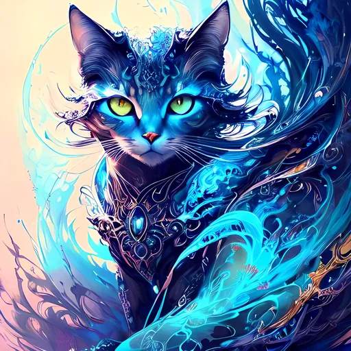 Prompt: highly intricately detailed fluid gouache illustration of a beautiful glowing celestial filigree Guardian cat, ink flow, oil splash, centered, fantastical, fantasy, in the style of Russ Mills, Jeremy Mann, Ross Tran, RossDraws, Android Jones, Anna Dittman, hyperrealistic, a beautiful fluid gouache illustration, concept art 