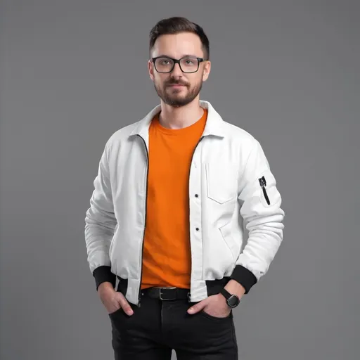 Prompt: a 3d UX designer wearing orange tshirt, white jacket and black jeans