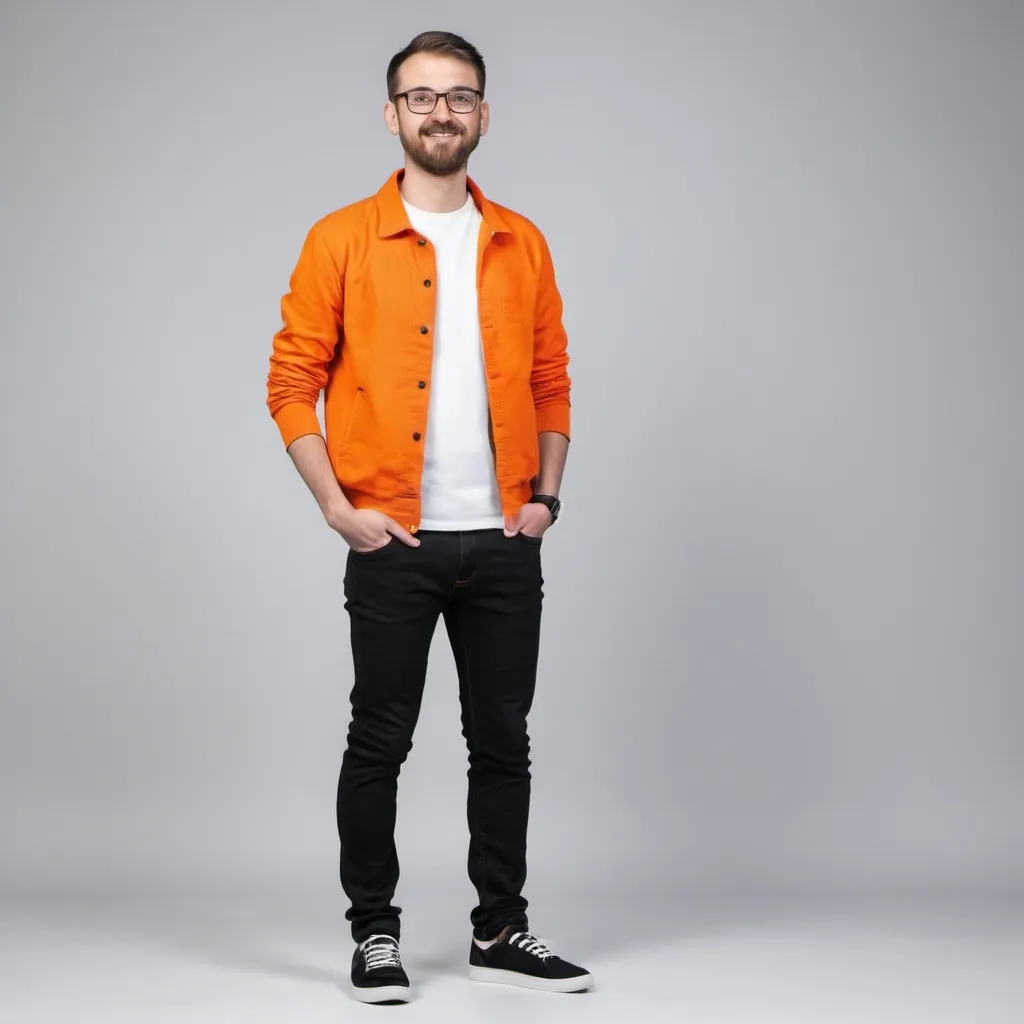 Prompt: a UX designer wearing orange tshirt, white jacket and black jeans