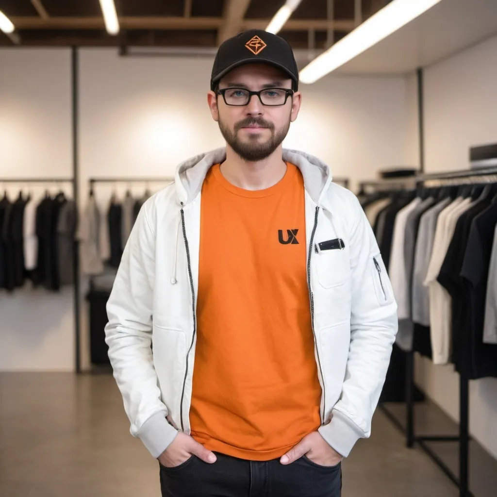 Prompt: a UX designer wearing orange tshirt, white jacket and black jeans and a cap